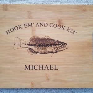 Fisherman Gift Personalized Hook em' and Cook em' Bass Fishing Cutting Board Kitchen Christmas Birthday Father's day Gift
