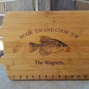 Fisherman Gift Personalized Hook em' and Cook em' Crappie Fishing Cutting Board Kitchen Christmas Birthday Father's day Gift