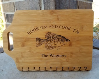 Fisherman Gift Personalized Hook em&#39; and Cook em&#39; Crappie Fishing Cutting Board Kitchen Christmas Birthday Father&#39;s day Gift