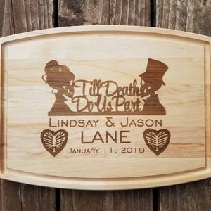 Till Death Do Us Personalized Cutting Board Wedding Gift Halloween Gift Anniversary Gift Mr. & Mrs. Skeletons Hearts Gothic Gift