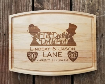 Till Death Do Us Personalized Cutting Board Wedding Gift Halloween Gift Anniversary Gift Mr. & Mrs. Skeletons Hearts Gothic Gift