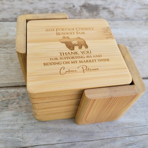4H Thank you Gift 4H Buyer Thank you Gift 4H Market Animal Buyer Gift 4H Fair Gift Livestock Gift Set of 6 Square Bamboo Coasters and Holder