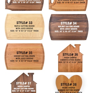 May include: Ten different styles of wooden cutting boards, each with a unique shape and size. The boards are made from walnut, cherry, maple, and bamboo. The boards are all engraved with the style number, wood type, and dimensions.