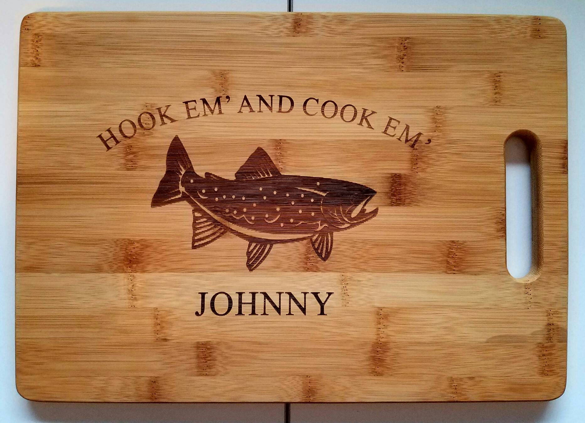 Fishing Gift Personalized Hook Em' and Cook Em' Trout Fishing Cutting Board  Kitchen Christmas Birthday Father's Day Gift 
