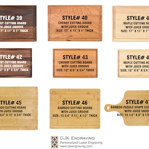 May include: Nine different styles of cutting boards made of walnut, cherry, maple, and bamboo. Each board has a juice groove and is labeled with its style number, wood type, and dimensions in inches. The boards are arranged in three rows of three.