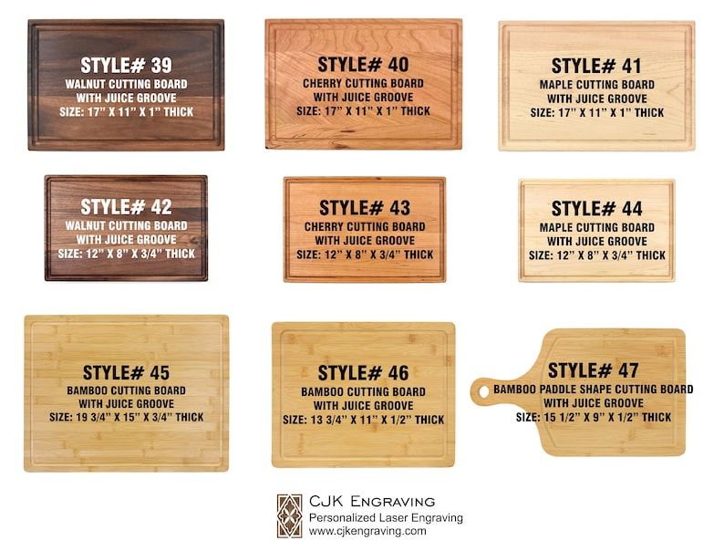May include: Nine different styles of cutting boards made of walnut, cherry, maple, and bamboo. Each board has a juice groove and is labeled with its style number, wood type, and dimensions in inches. The boards are arranged in three rows of three.