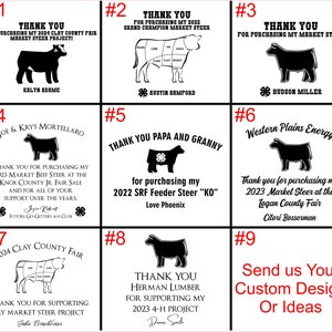 May include: Nine different thank you cards for purchasing a market steer. Each card features a black and white illustration of a steer and text thanking the buyer for their purchase. The cards are numbered 1 through 9.