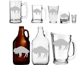 Standing Buffalo  Etched Barware - Mug - Glass - Beer - Growler