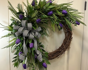 Spring/Summer Wreath: Purple tulips, greenery, eucalyptus with black/cream striped bow