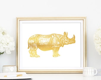 Rhino Print, Rhinoceros Wall Art, Real Gold Foil Print, African Safari Theme Nursery Rhino Artwork, Animal Art Print Bedroom or Office Decor