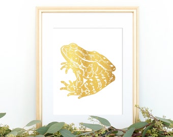 Frog Art in Gold Foil Wall Decor, Cute Animal Zoo Art Prints Wall Art Frog Gifts, Natural Inspired Toad Home Decor, Gold Wall Decorations