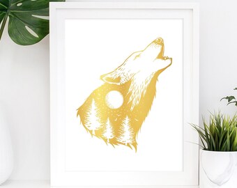 Wolf Art Print, Gold Foil Landscape, Howling at Moon Wall Decor, Dorm Poster, Woodland Animal, Boho Artwork, Forest Bedroom Theme Room