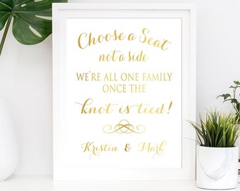 Choose A Seat Not A Side Sign Gold Foil Welcome Wedding Signage, Calligrphy Personalized Names Ceremony Decorations, Custom Chic Aisle Decor