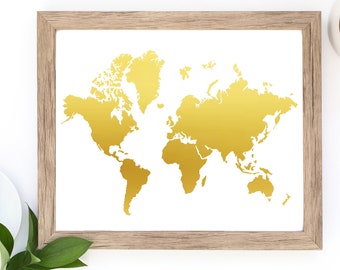 World Map Wall Art, Gold Foil Print, Wall Decor, Wanderlust Print, Adventure Artwork, Travel Gift, World Map Print, Jet Setter, Home Decor