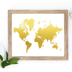 World Map Wall Art, Gold Foil Print, Wall Decor, Wanderlust Print, Adventure Artwork, Travel Gift, World Map Print, Jet Setter, Home Decor