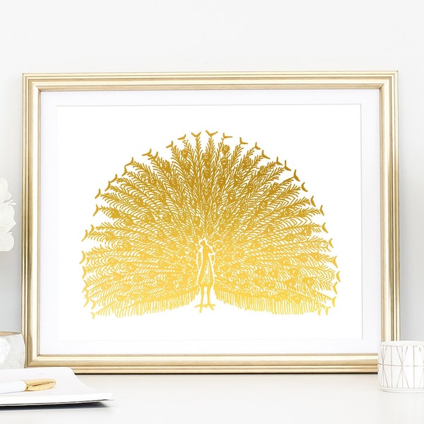 Peacock Decor Art Prints, Gold Foil Wall Decorations For Home Bird Artwork Nature