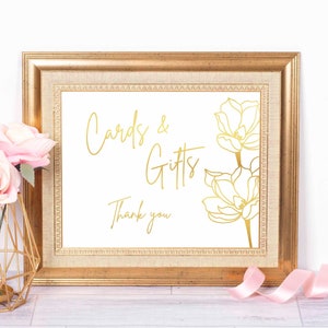 Cartões e presentes, impressão em folha de ouro, desenho de linha de sinal de caixa de cartão, sinal de mesa de casamento, sinal de presente de casamento floral, design de flores, sinais de casamento