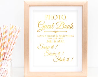 Por favor, firme nuestro letrero del libro de visitas, foto de la decoración de la ceremonia del libro de visitas de la boda, decoración de la boda con letrero de lámina dorada, mensaje Snap Shake Stick it