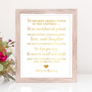 Signo de bienvenida de boda de lámina dorada, señalización de boda de agradecimiento para invitados, favores de boda para invitados