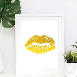 Gold Lips, Lip Art, Bathroom Print, Boudoir Gold Print, Makeup Romantic Print, Bedroom Wall Art, Gold Home Decor Accessories, Gift For Her image 1