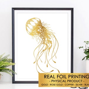 Gold Foil Art Jellyfish Print, Nautical Wall Art Decor, Ocean Gifts, Marine Sea Life Illustration, Boho Under The Sea, Aesthetic Room Decor