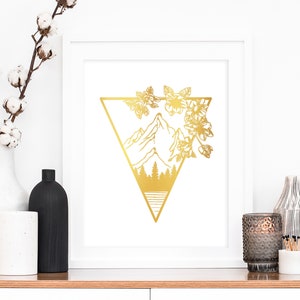 Modern Art, Modern Minimal Abstract Art, Modern Decor Geometric Wall Art, Gold Foil Print Mountain Art, Botanical Print, Nature Poster Print
