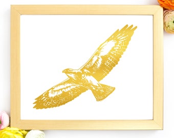 Red Tailed Hawk Gold Foil Wall Art, Bird Of Prey Poster, Americana Nature Print