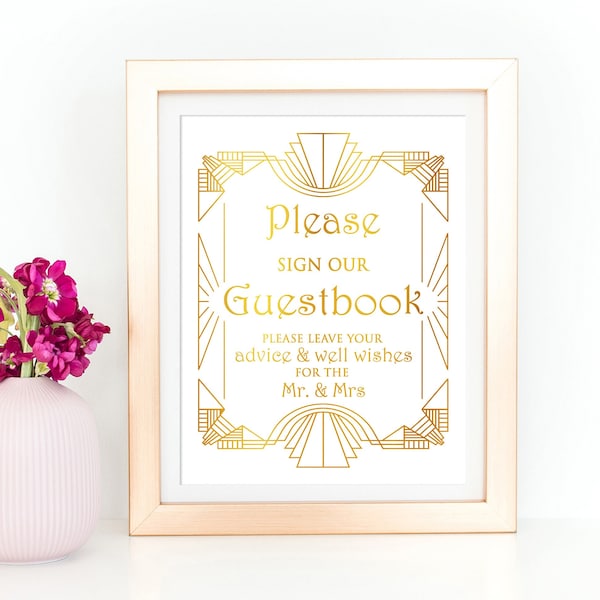 Art Deco Guest Book Wedding Sign, Please Sign Our Guestbook, Gold Foil Print, Wedding Guest Book Sign, Guestbook Sign, Gold Wedding Decor