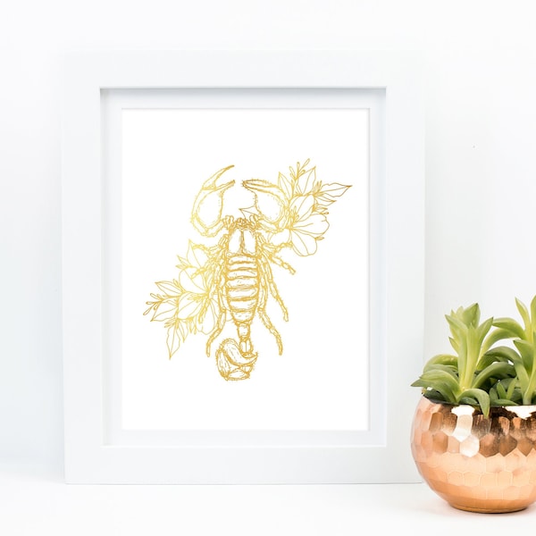 Scorpion Wall Art, Gold Foil Print, Scorpion Home Decor, Scorpion Insect Flower Art, Scorpion Decor, Scorpion Illustration, Unframed Artwork