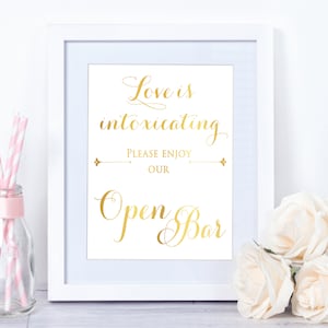 Open Bar Sign Wedding Gold Foil Print, Bar Menu Sign, Gold Wedding Decor, Love Is Intoxicating Bar Decor, Rose Gold Wedding Decorations