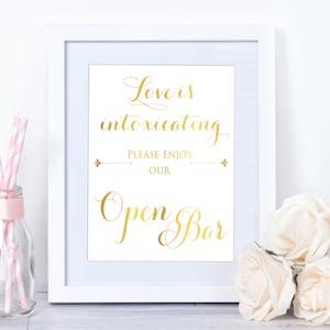 Open Bar Sign Wedding Gold Foil Print, Bar Menu Sign, Gold Wedding Decor, Love Is Intoxicating Bar Decor, Rose Gold Wedding Decorations