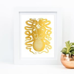 Octopus Art Gold Foil Nautical Decor, Sea Monster Ocean Bathroom Print, Coastal Wall Art Beach Creature, Vintage Illustration Marine life image 1