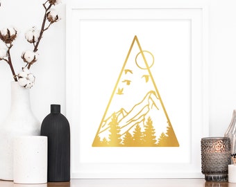 Gold Foil Abstract Landscape Print Modern Line Art, Modern Minimal Decor, Geometric Mountain Wall Art, Simple Aesthetic Nature Forest Poster