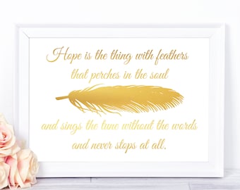 Gold Foil Print of Emily Dickinson Poem - Hope Is The Thing With Feathers - Wall Art