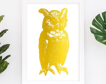 Owl Artwork Foiled Home Decor, Gold Foil Bird Art Prints, Beautiful Vintage Illustration Owl Gifts, Woodland Animal Nature Wall Art