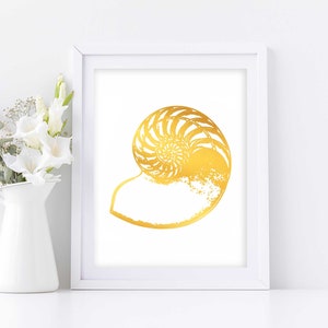 Nautilus Shell Wall Art, Gold Foil Art Nautical Decor Artwork, Coastal Wall Art Beach Decor