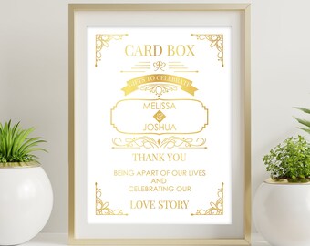 Card Box Table Sign, Gift Sign, Gold Wedding Signs, Birthday Party Signage For Receptions Gold Foil Print, Personalized Thank You Message