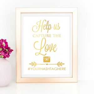 Enseigne personnalisée pour hashtag de mariage, impression de feuille d&#39;or, capturez l&#39;amour, signalétique de mariage personnalisée sur les réseaux sociaux, Instagram