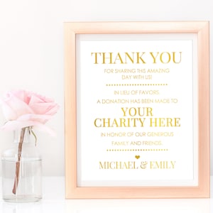 In Lieu von Gefälligkeiten Zeichen Hochzeit Gefälligkeiten Zeichen, Goldfolie Druck, Hochzeit Spende Zeichen Hochzeit Dekor, Gefälligkeiten für Gäste, Spende Charity Zeichen