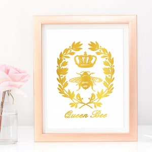 Gold Foil Queen Bee Print, Vintage Crown and Honey Bee Artwork, Sassy Bumblebee Mother's Day Gift, Gold Metallic Wall Art, Unframed Poster image 1