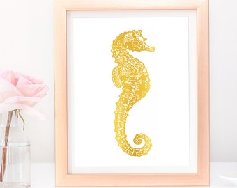 Seahorse Wall Decor, Gold Foil Print, Sea Horse Artwork, Nautical Beach Home Decorations, Decrative Coastal Wall Art Decoration Illistration