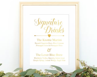 Custom Wedding Signs, Gold Foil Signature Drinks Decor, Personalized Bar Signs, Open Bar