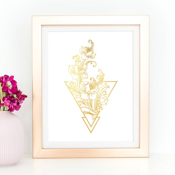 Geometric Flower Modern Art, Minimal Abstract Art, Geometric Wall Art Decor, Gold Foil Print flower Art, Botanical Print Nature Poster Print