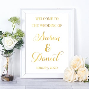 Personalized Wedding Welcome Sign, Gold Foil Print Arrival Poster, Custom Wedding Mr And Mrs Sign, Modern Calligraphy Font image 1