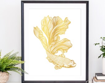 Betta Fish Art, Gold Foil Print, Siamese Betta Fighter Fish Print, Marine Life Home Decor, Chic Boho Wall Art, Unframed Cardstock Real Foil