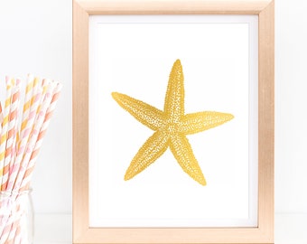 Starfish Wall Art Decor Gold Foil Print, Ocean Art, Nautical Decor, Sea Life Beach House Wall Decor For Home