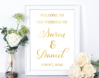 Personalized Wedding Welcome Sign, Gold Foil Print Arrival Poster, Custom Wedding Mr And Mrs Sign, Modern Calligraphy Font