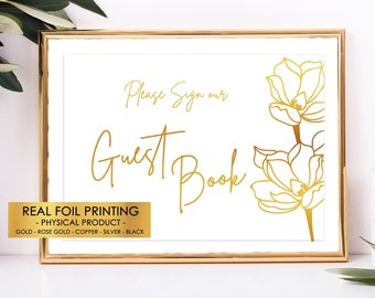 Guest Book Ceremony Sign, Gold Foil Print, Line drawing, Wedding Table Sign, Floral Wedding Sign Flower Design, Guestbook Sign for Wedding