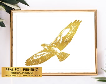 Red Tailed Hawk Art,  Gold Foil Wall Art, Bird Of Prey Poster, Americana Nature Print, Hawk Art, hawk drawing, hawk wall art, soaring hawk