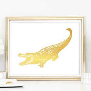 Alligator Gold Foil Art Print, Wall Art, Crocodile Picture, Swamp Life Theme, Bayou, Gators, Metallic Animal Art, Alligator Home Decor